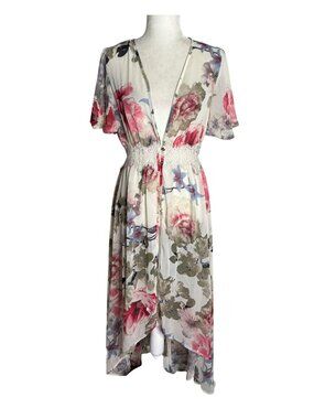Fashion Nova Madeline Floral Kimono Dress Ivory XS Sheer White Lace Waistband